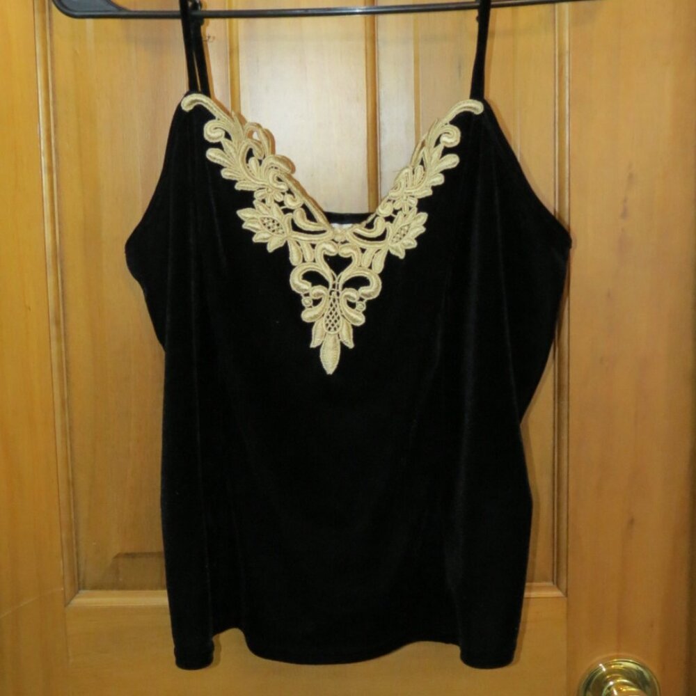 Sophia by Delicates Black Velvet Top Gold Braid Trim Adjustable Strap